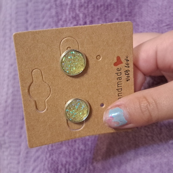 Druzy Yellow Sparkle Stud Earrings - Picture 3 of 3